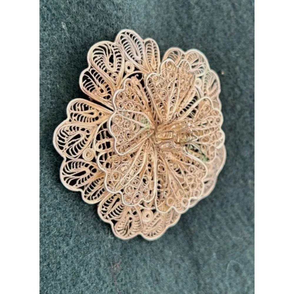 Vintage Filigree Flower Brooch Pin Layered Spun Metal Wire Floral As Is*